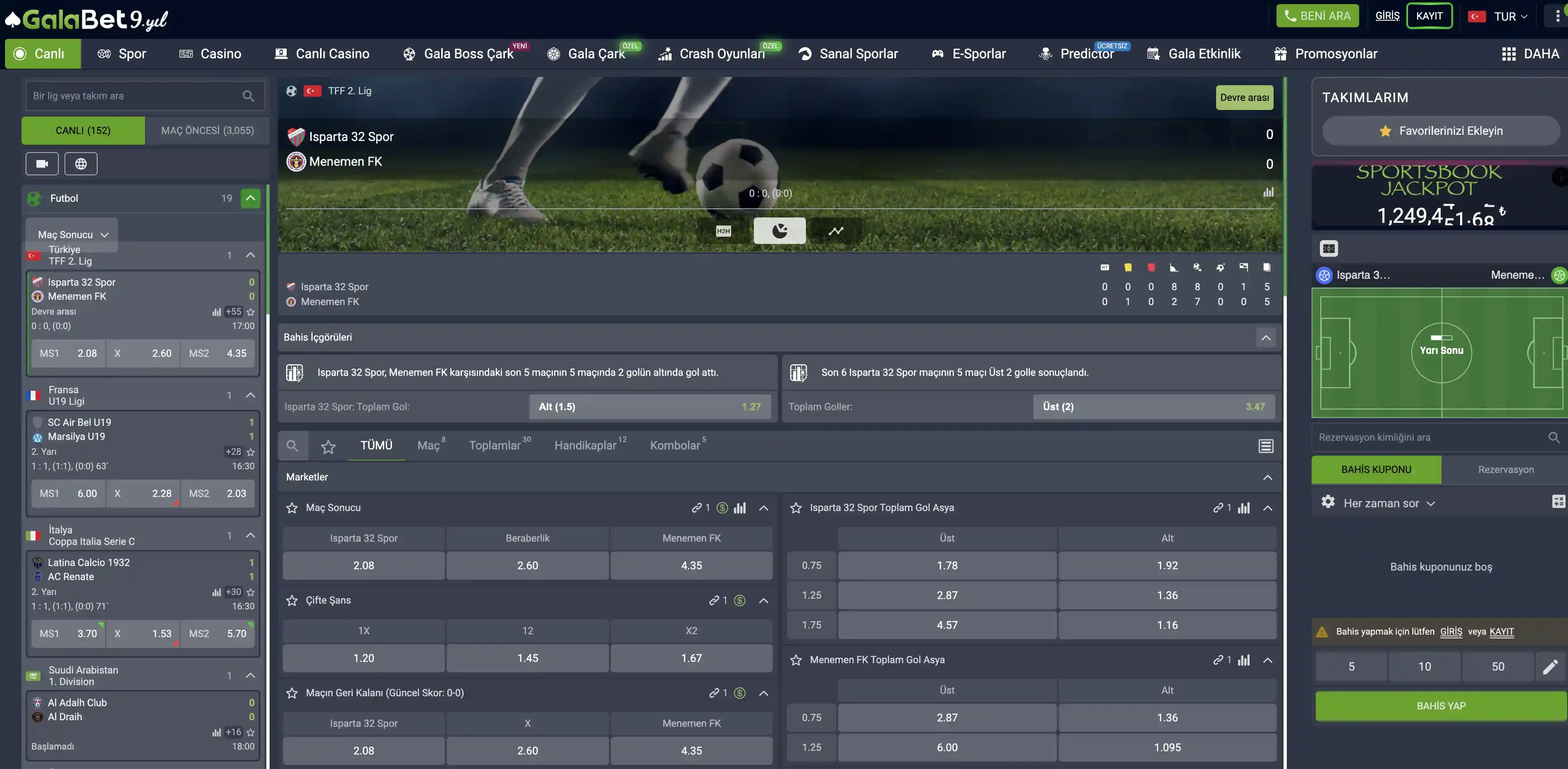 GalaBet web sitesi arayüzünü gösteren ekran görüntüsü