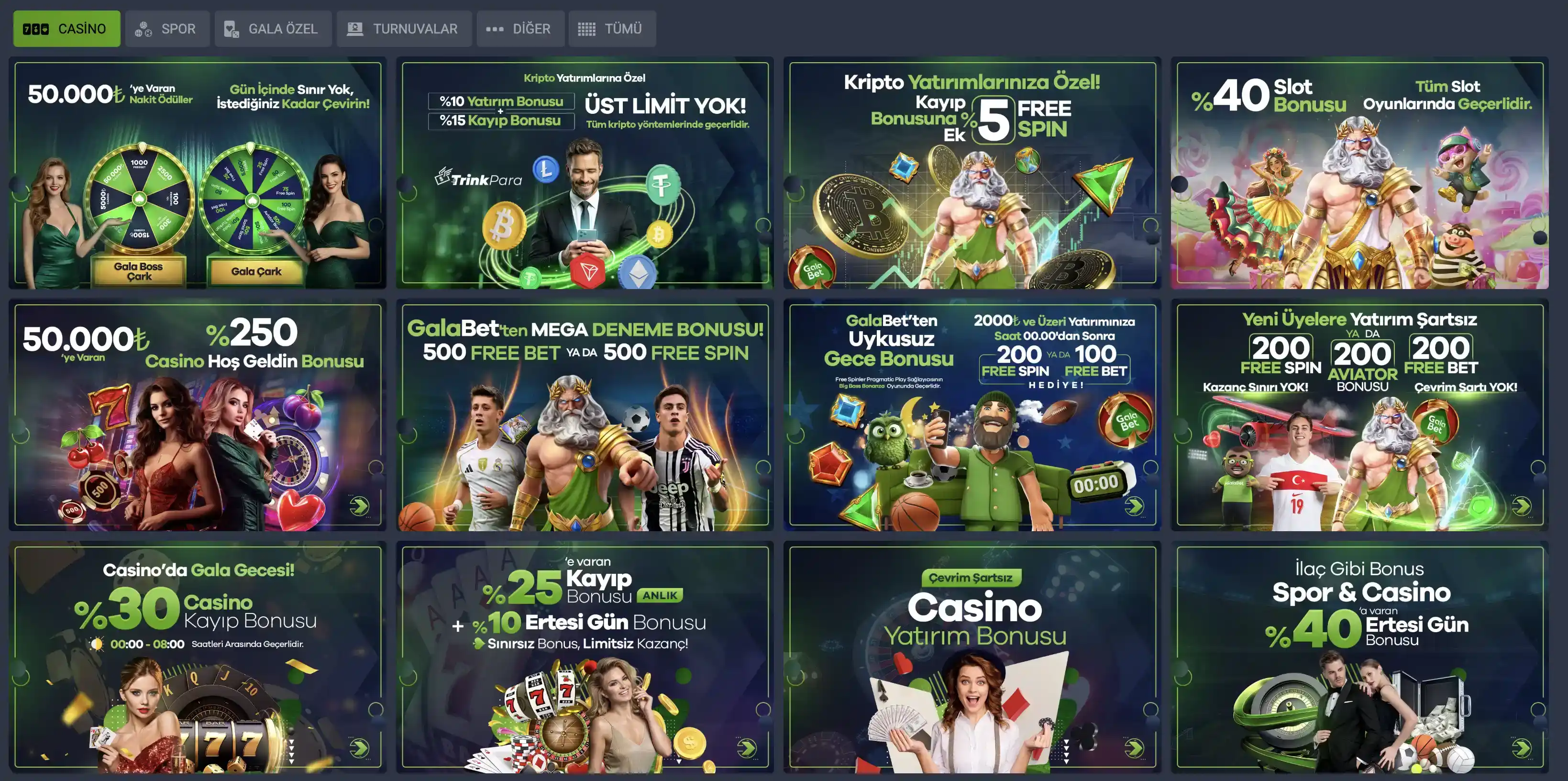 GalaBet web sitesi arayüzünü gösteren ekran görüntüsü